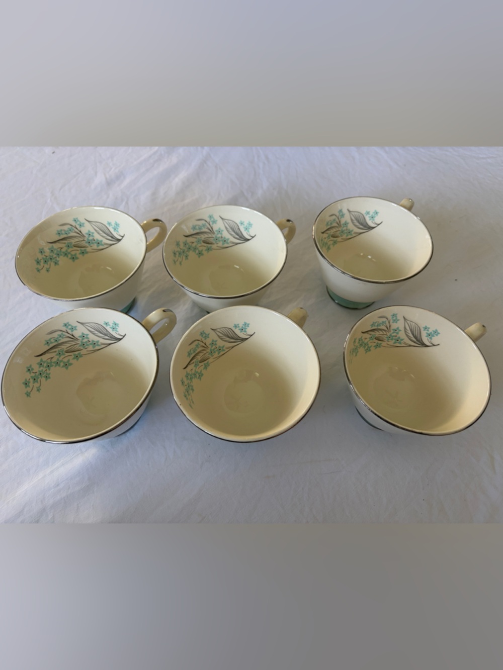 A vintage Sevron Blue Lace teacup set with a blue floral pattern and silver rim